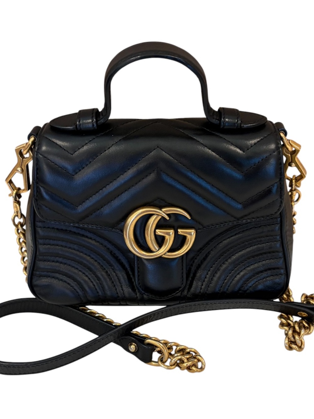Gucci GG Marmont Top Handle Bag Black Matelassé Chevron Leather Crossbody G